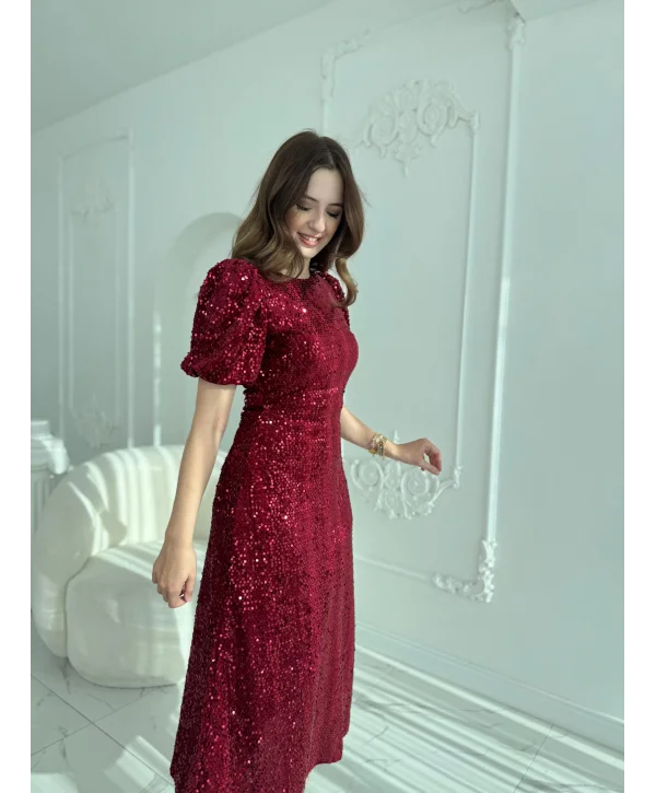 Işıltılı Vatkalı Pul Payet Bordo Elbise