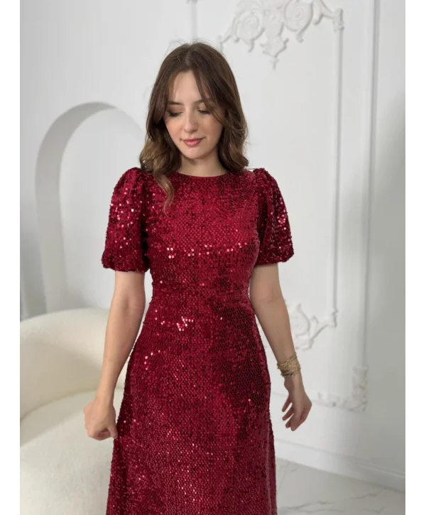 Işıltılı Vatkalı Pul Payet Bordo Elbise
