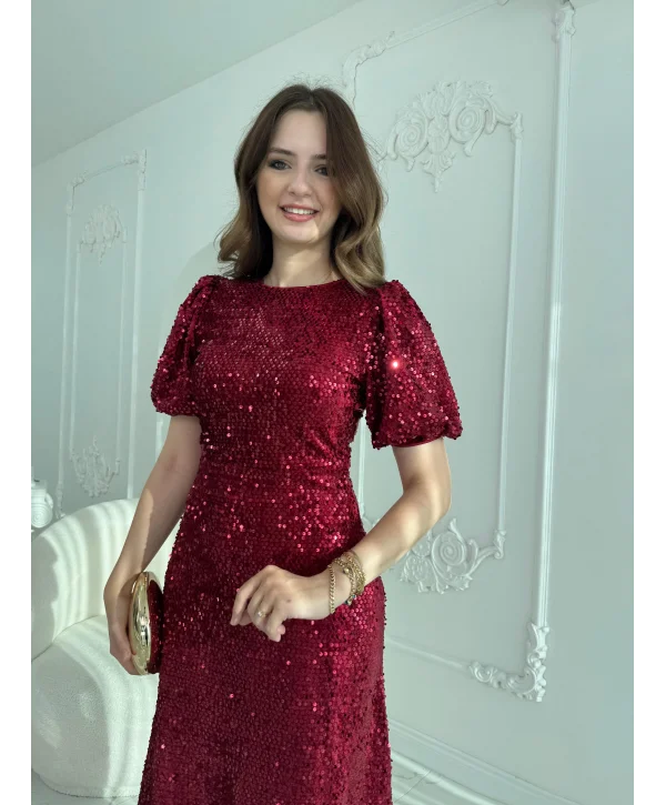 Işıltılı Vatkalı Pul Payet Bordo Elbise