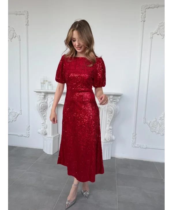 Işıltılı Vatkalı Pul Payet Kırmızı Elbise