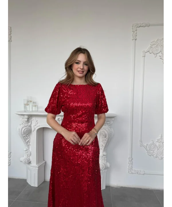 Işıltılı Vatkalı Pul Payet Kırmızı Elbise