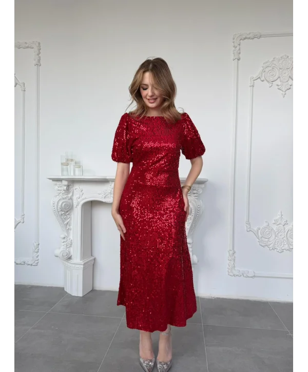 Işıltılı Vatkalı Pul Payet Kırmızı Elbise