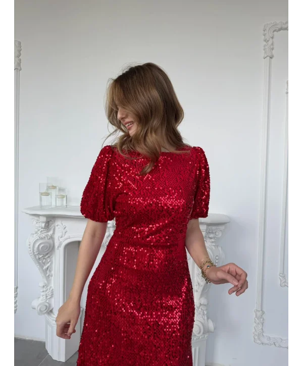 Işıltılı Vatkalı Pul Payet Kırmızı Elbise