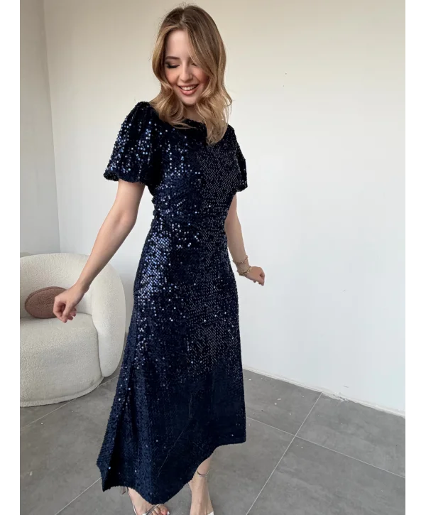 Işıltılı Vatkalı Pul Payet Lacivert Elbise