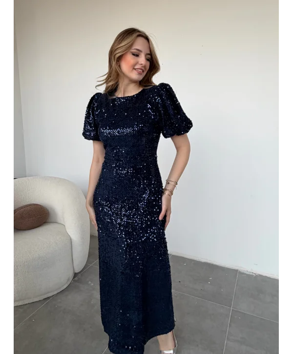 Işıltılı Vatkalı Pul Payet Lacivert Elbise