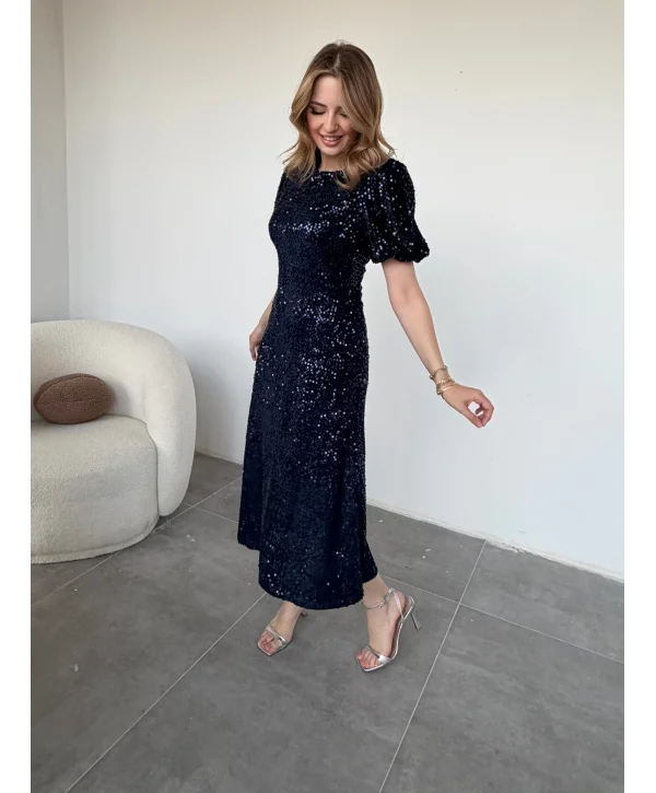 Işıltılı Vatkalı Pul Payet Lacivert Elbise
