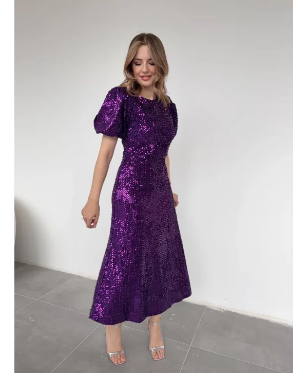 Işıltılı Vatkalı Pul Payet Mor Elbise