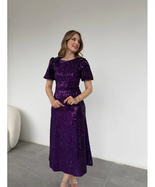 Işıltılı Vatkalı Pul Payet Mor Elbise