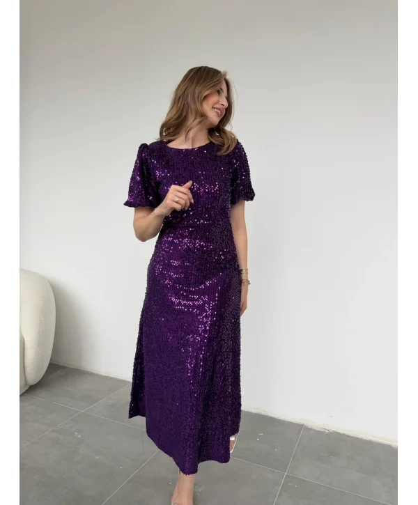 Işıltılı Vatkalı Pul Payet Mor Elbise