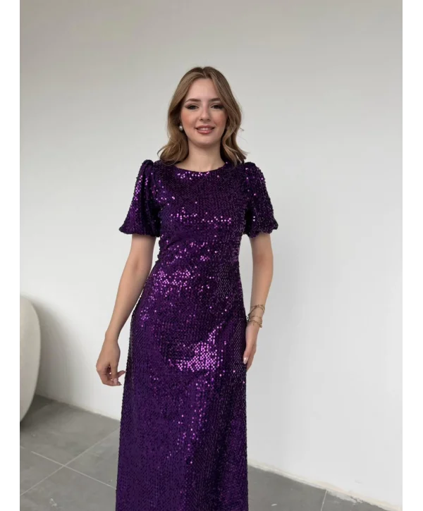 Işıltılı Vatkalı Pul Payet Mor Elbise