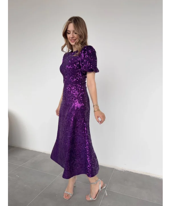 Işıltılı Vatkalı Pul Payet Mor Elbise