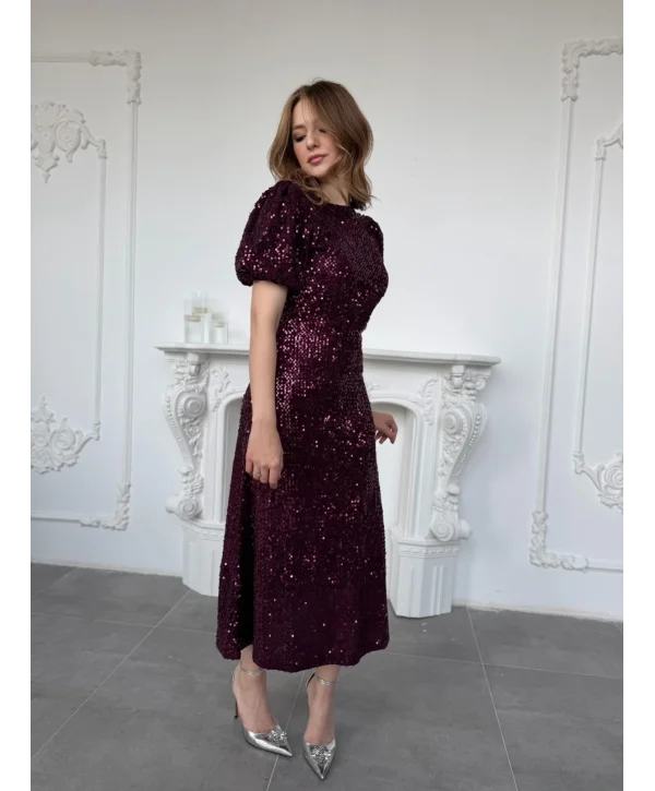 Işıltılı Vatkalı Pul Payet Mürdüm Elbise