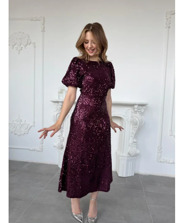 Işıltılı Vatkalı Pul Payet Mürdüm Elbise