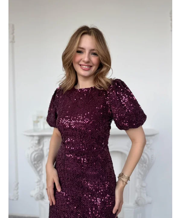 Işıltılı Vatkalı Pul Payet Mürdüm Elbise