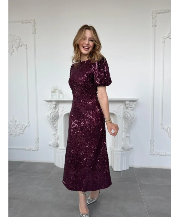 Işıltılı Vatkalı Pul Payet Mürdüm Elbise