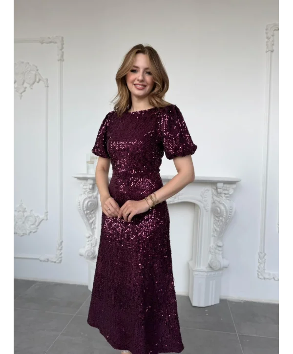 Işıltılı Vatkalı Pul Payet Mürdüm Elbise