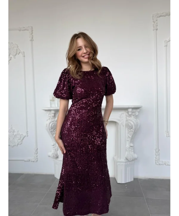 Işıltılı Vatkalı Pul Payet Mürdüm Elbise