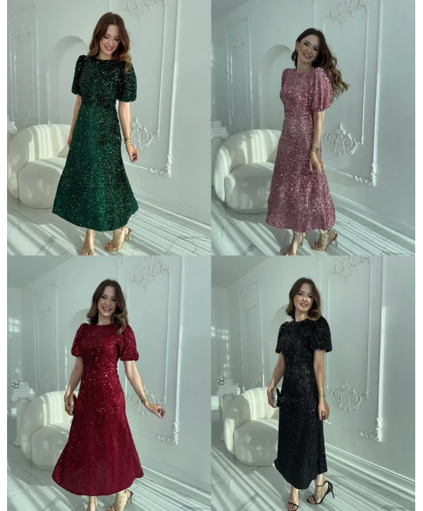 Işıltılı Vatkalı Pul Payet Pembe Elbise