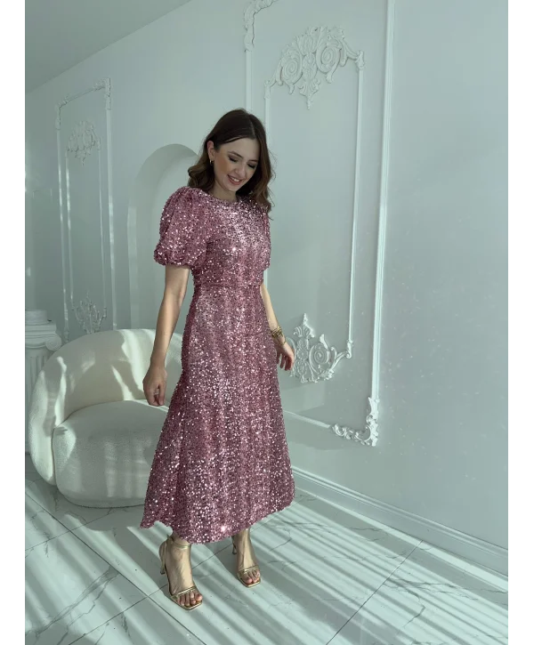 Işıltılı Vatkalı Pul Payet Pembe Elbise