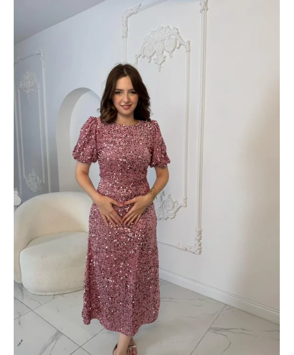 Işıltılı Vatkalı Pul Payet Pembe Elbise