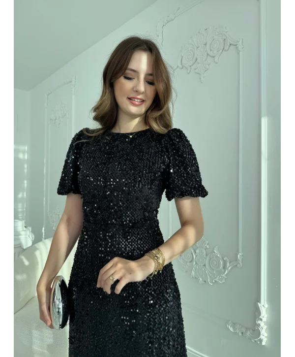 Işıltılı Vatkalı Pul Payet Siyah Elbise