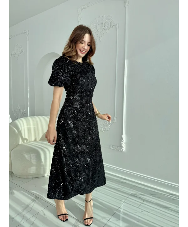 Işıltılı Vatkalı Pul Payet Siyah Elbise