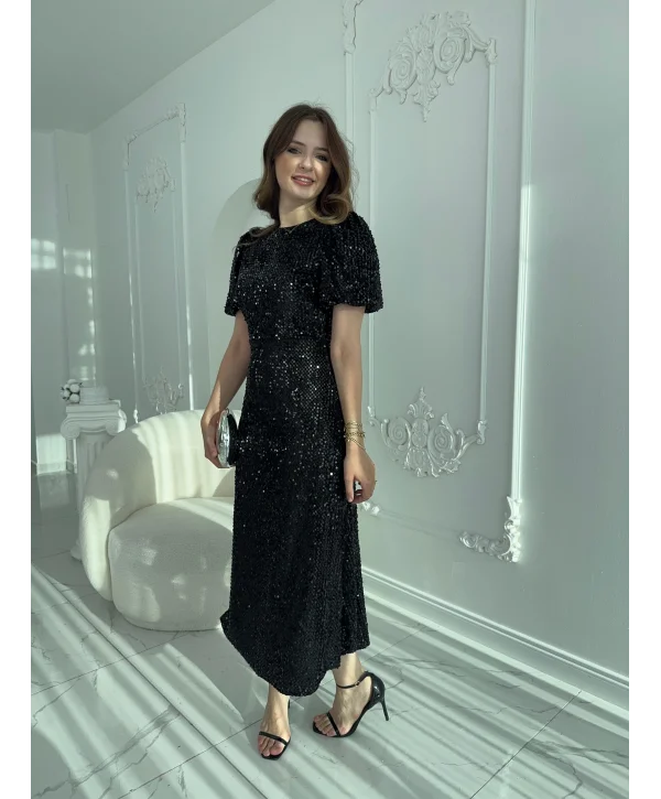 Işıltılı Vatkalı Pul Payet Siyah Elbise