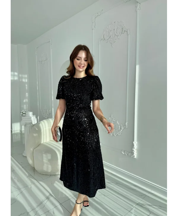 Işıltılı Vatkalı Pul Payet Siyah Elbise