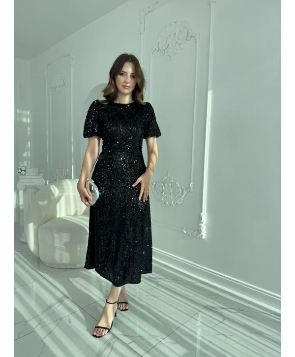 Işıltılı Vatkalı Pul Payet Siyah Elbise