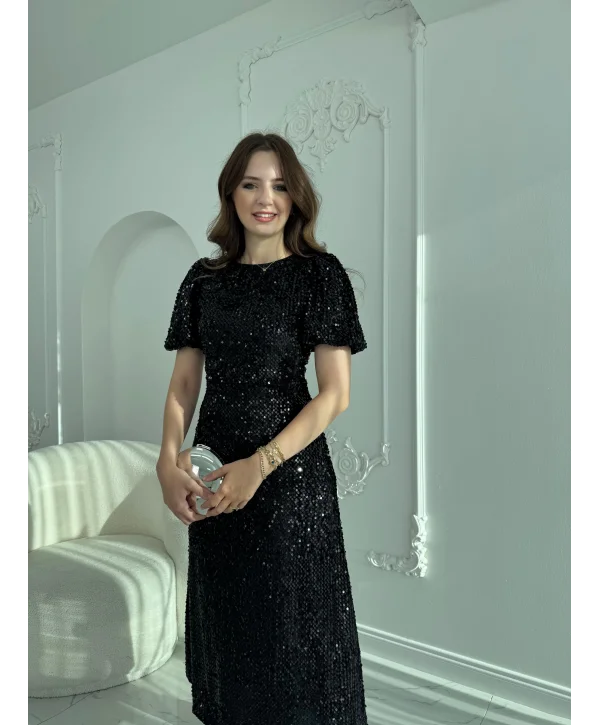 Işıltılı Vatkalı Pul Payet Siyah Elbise
