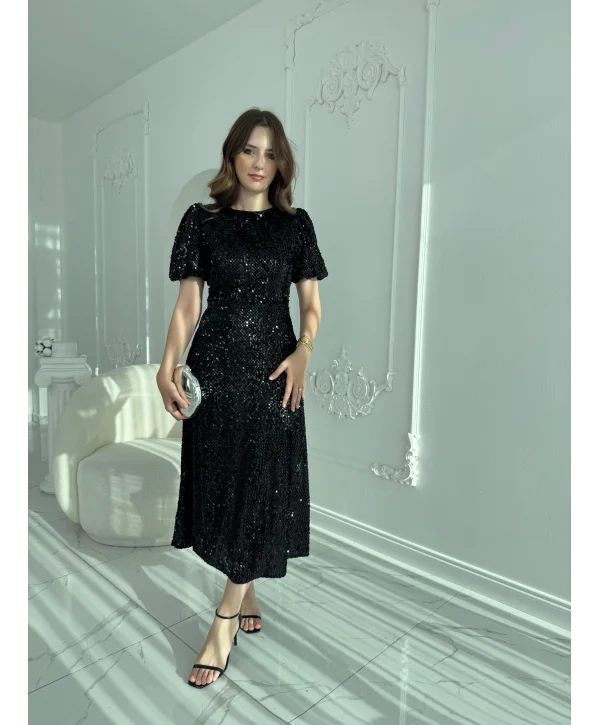 Işıltılı Vatkalı Pul Payet Siyah Elbise