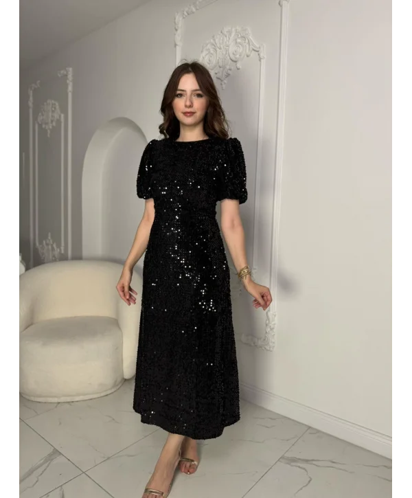 Işıltılı Vatkalı Pul Payet Siyah Elbise