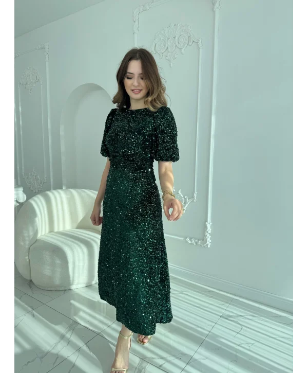 Işıltılı Vatkalı Pul Payet Zümrüt Elbise