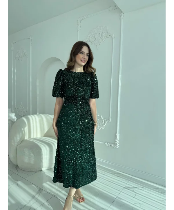 Işıltılı Vatkalı Pul Payet Zümrüt Elbise