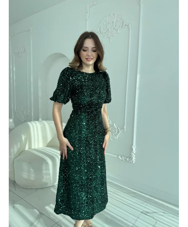 Işıltılı Vatkalı Pul Payet Zümrüt Elbise