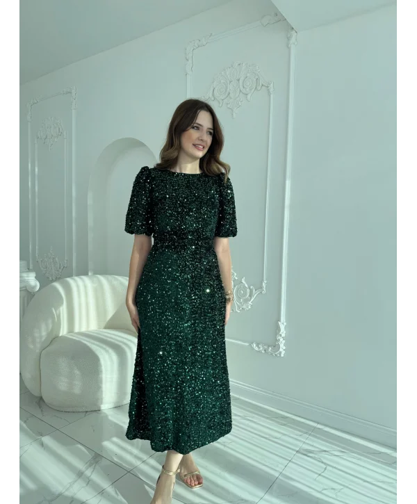 Işıltılı Vatkalı Pul Payet Zümrüt Elbise