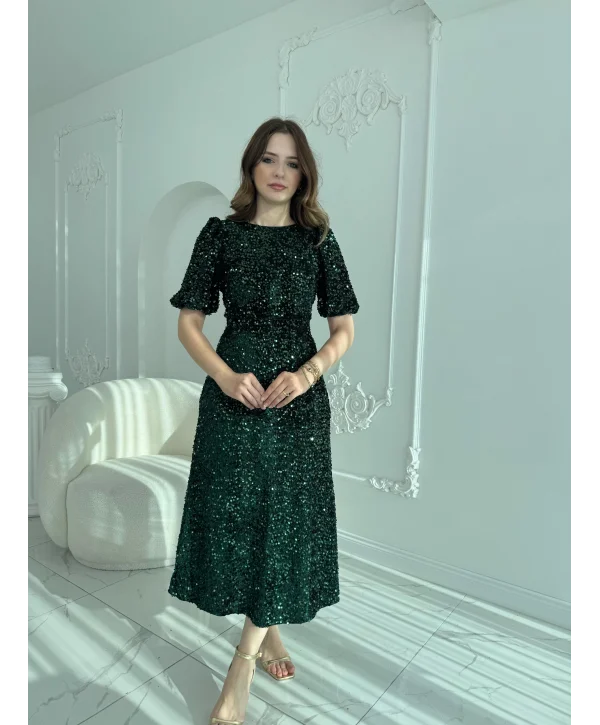 Işıltılı Vatkalı Pul Payet Zümrüt Elbise