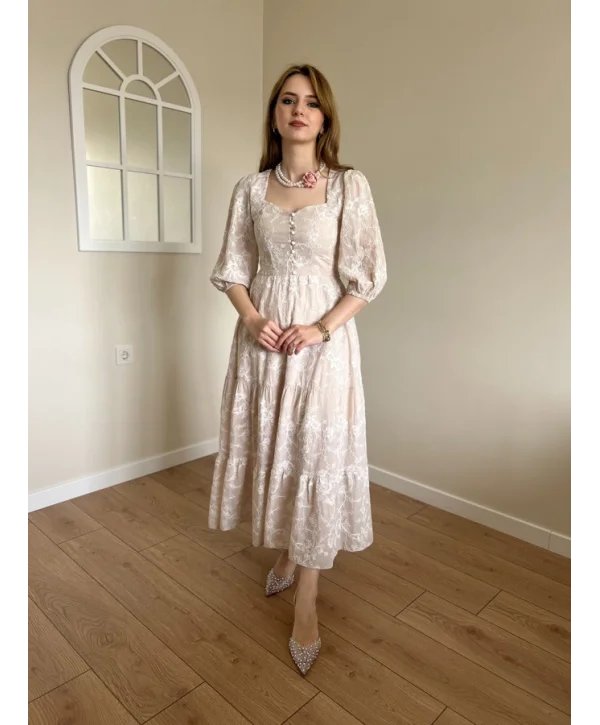 Bej Nakış İşlemeli Brode Elbise
