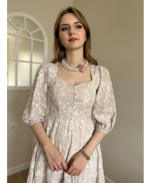 Bej Nakış İşlemeli Brode Elbise