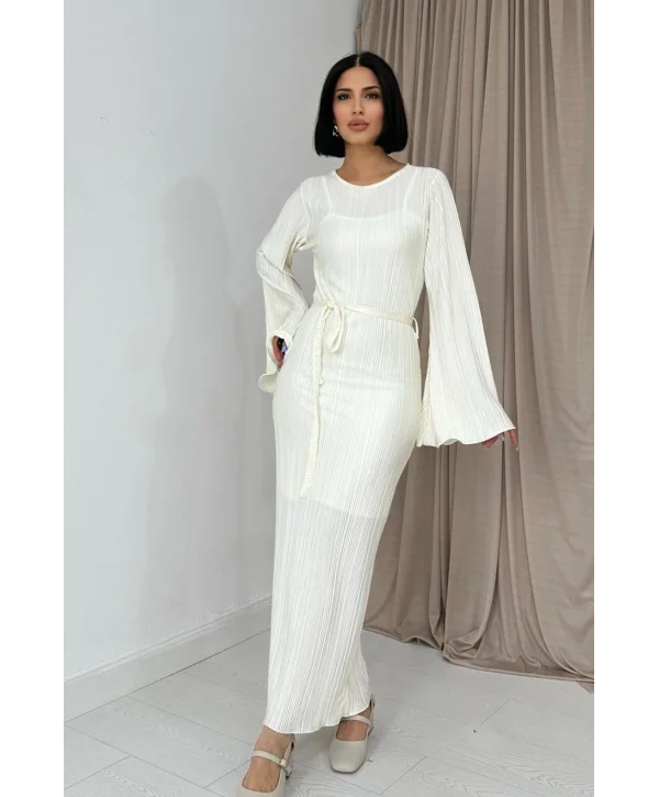 İspanyol Kol Tam Boy Piliseli Ekru Elbise