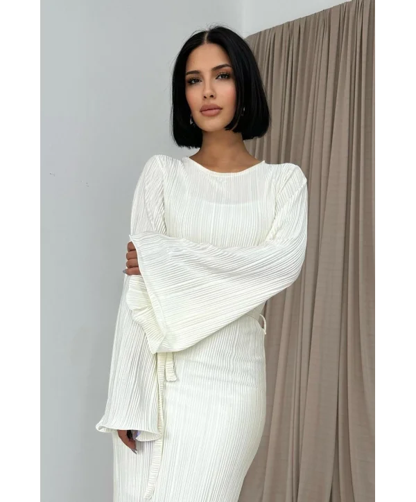 İspanyol Kol Tam Boy Piliseli Ekru Elbise