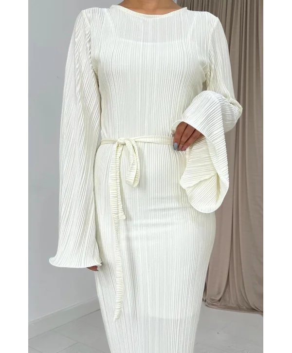 İspanyol Kol Tam Boy Piliseli Ekru Elbise