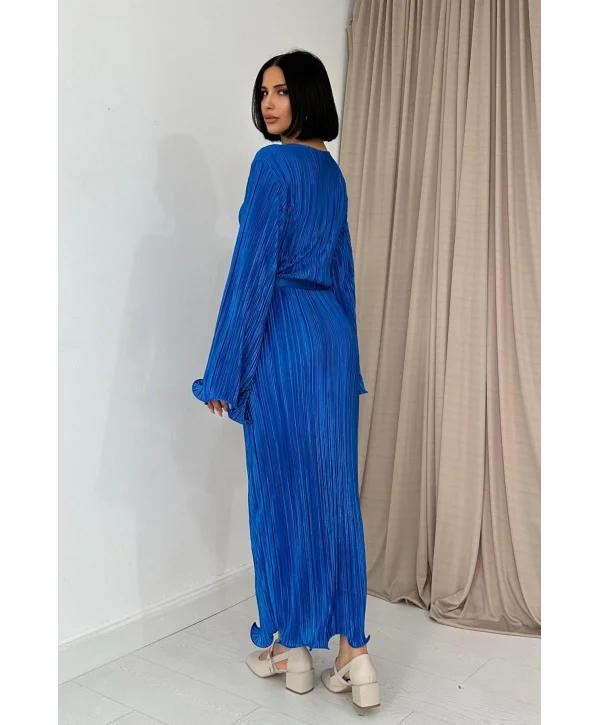 İspanyol Kol Tam Boy Piliseli Lacivert Elbise