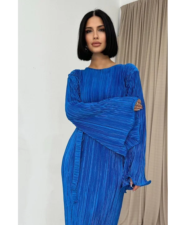 İspanyol Kol Tam Boy Piliseli Lacivert Elbise