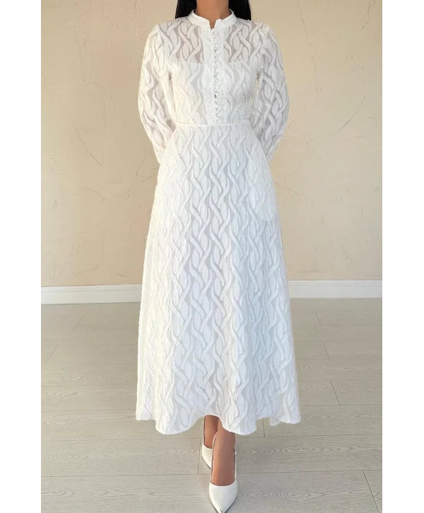 Jakarlı Kemer Detaylı Tam Boy Ekru Elbise