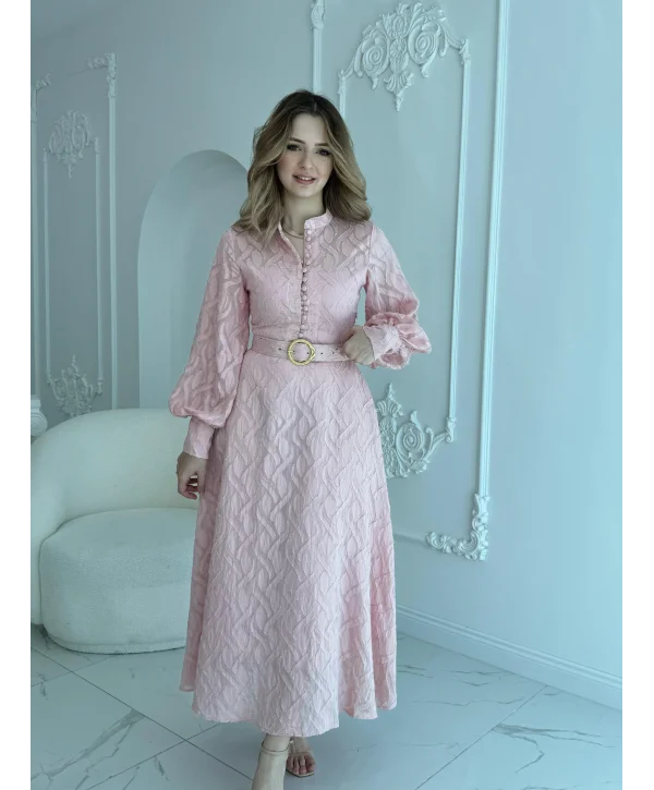 Jakarlı Kemer Detaylı Tam Boy Pembe Elbise