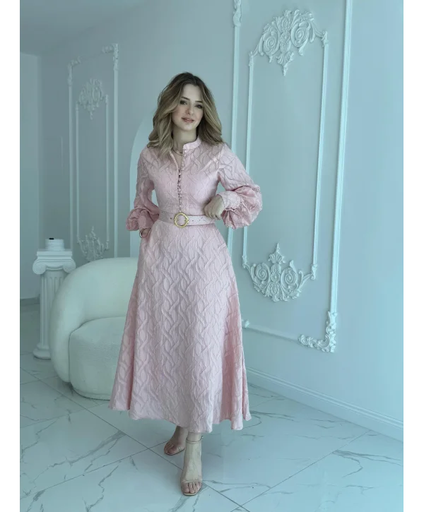 Jakarlı Kemer Detaylı Tam Boy Pembe Elbise
