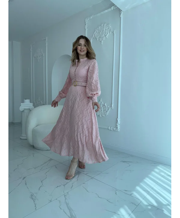 Jakarlı Kemer Detaylı Tam Boy Pembe Elbise