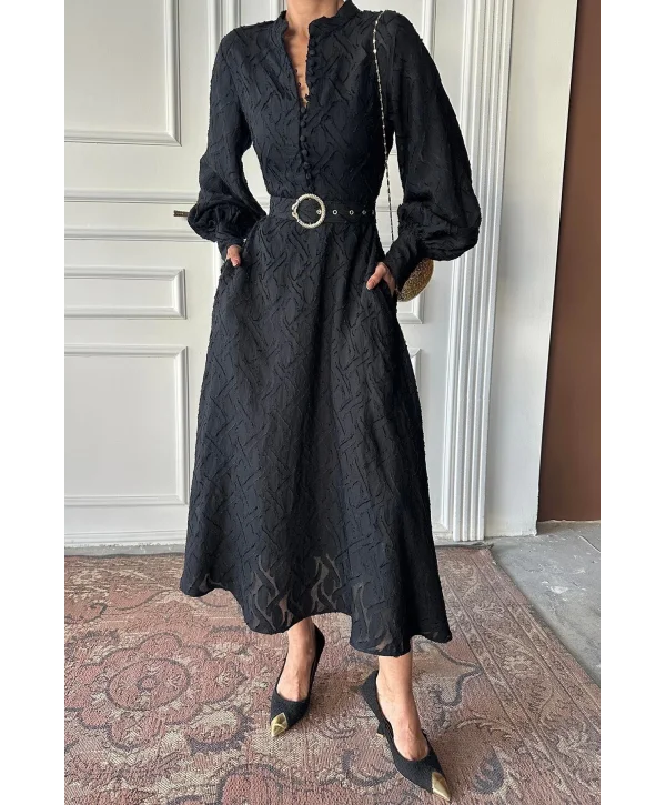 Jakarlı Kemer Detaylı Tam Boy Siyah Elbise