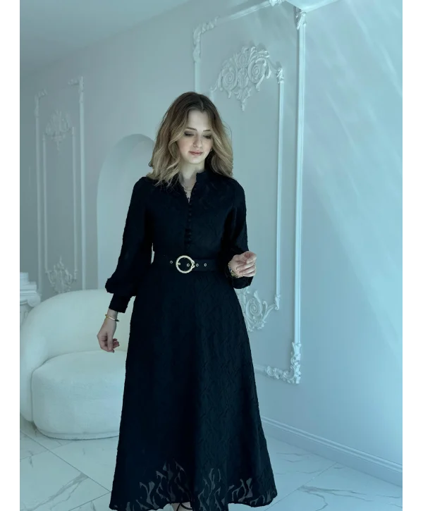 Jakarlı Kemer Detaylı Tam Boy Siyah Elbise